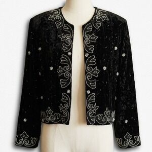 Axis Vintage Black Crushed Velvet Beaded Pearl Cropped Evening Bolero‎ Jacket